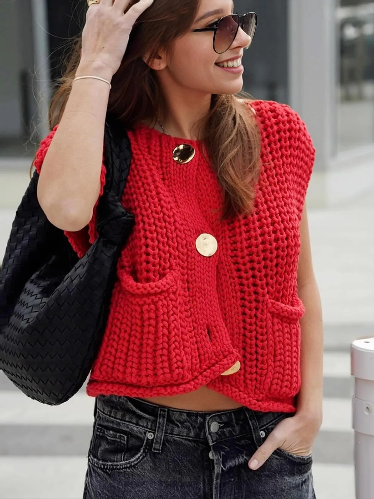 Sleeveless Button Down Knit Jackets