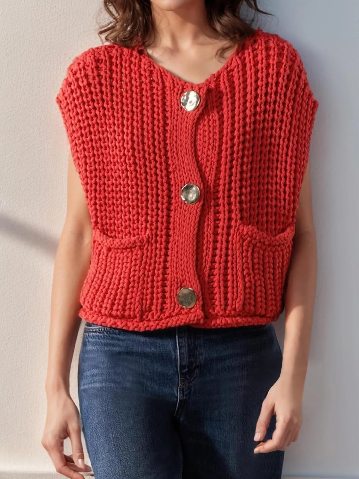 Sleeveless Button Down Knit Jackets
