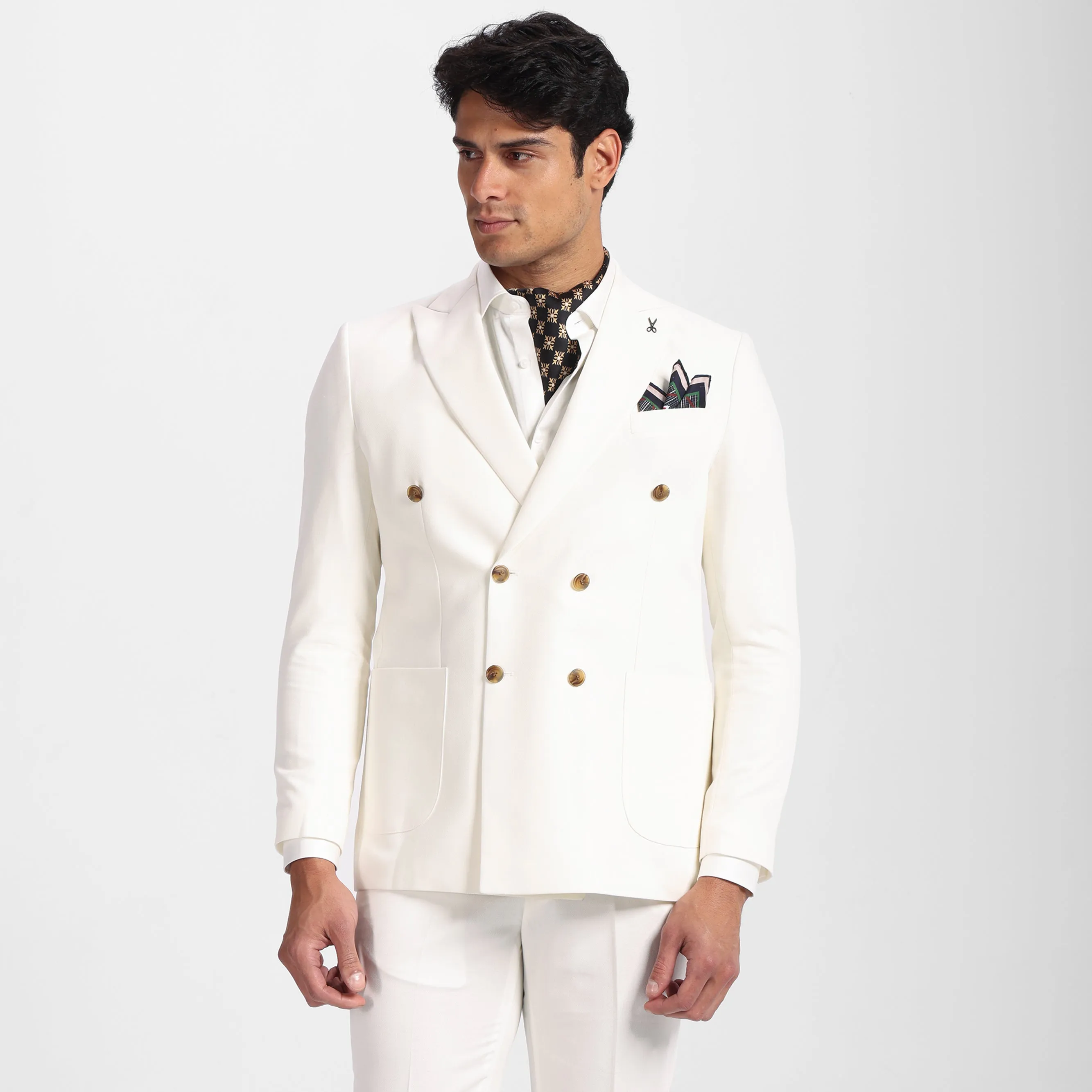 Slim Fit Off White Double Breasted Smart Suit-Turkish Made