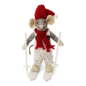 Small Grey Mouse On Skis With Grey Pants