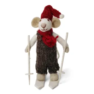 Small White Boy Mouse On Skis With Brown Pants