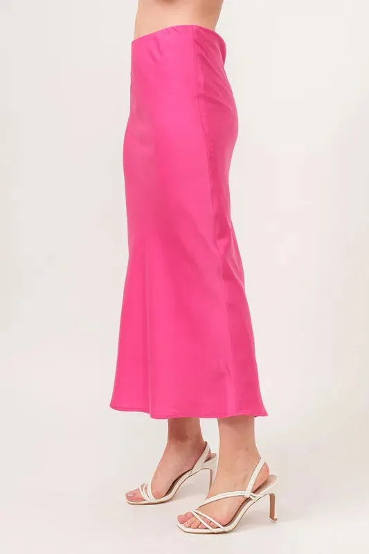 Solid Satin Midi Fuchsia Skirt – Elegant, Versatile Statement Piece for Women