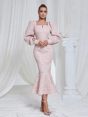 Square Collar Long Sleeve Fishtail Midi Bodycon Dress HB101470