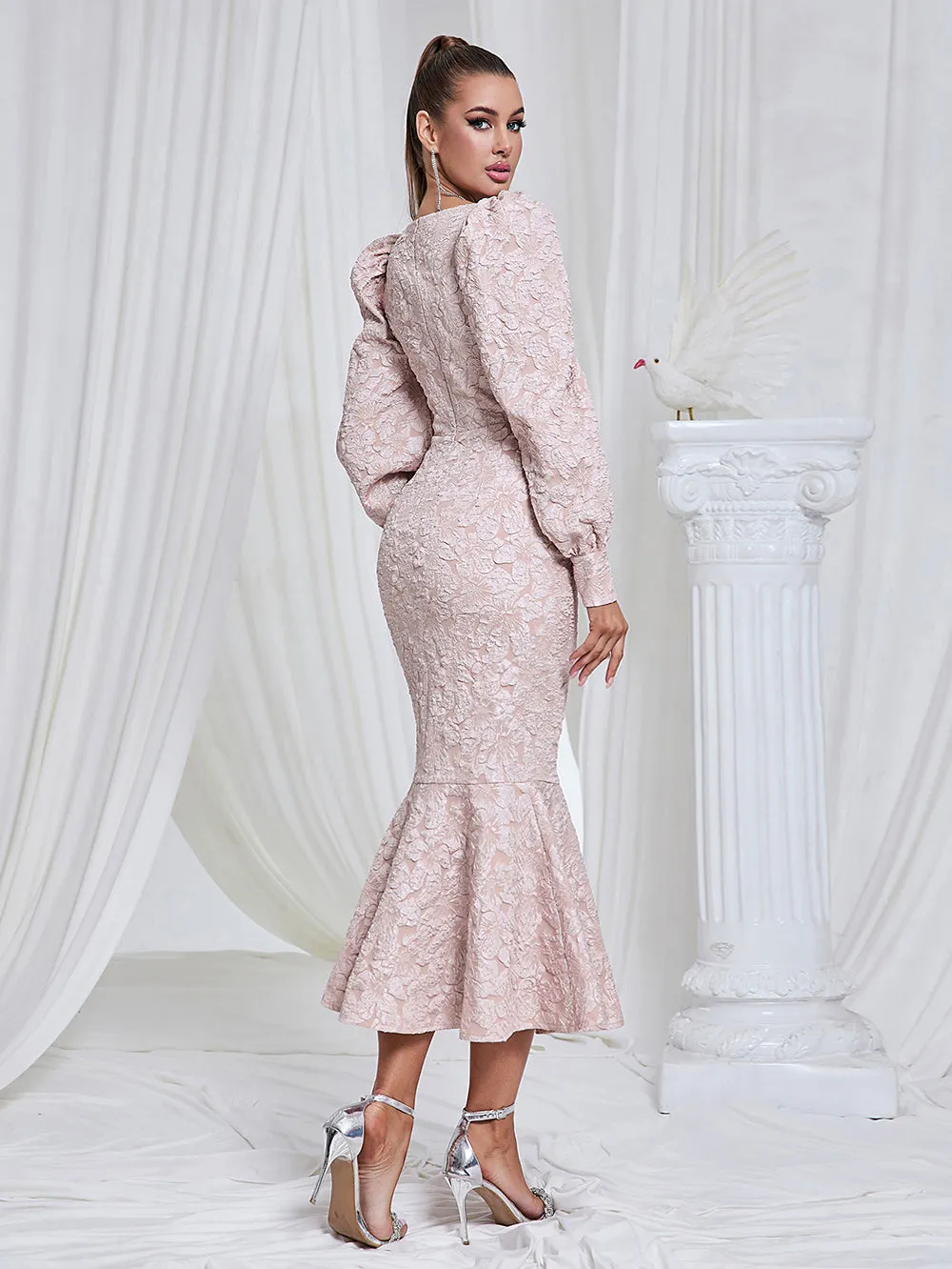 Square Collar Long Sleeve Fishtail Midi Bodycon Dress HB101470