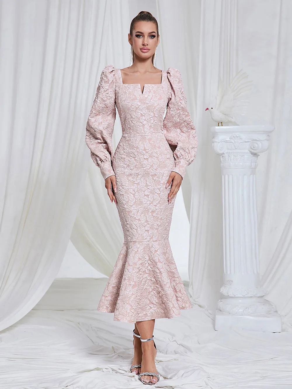 Square Collar Long Sleeve Fishtail Midi Bodycon Dress HB101470