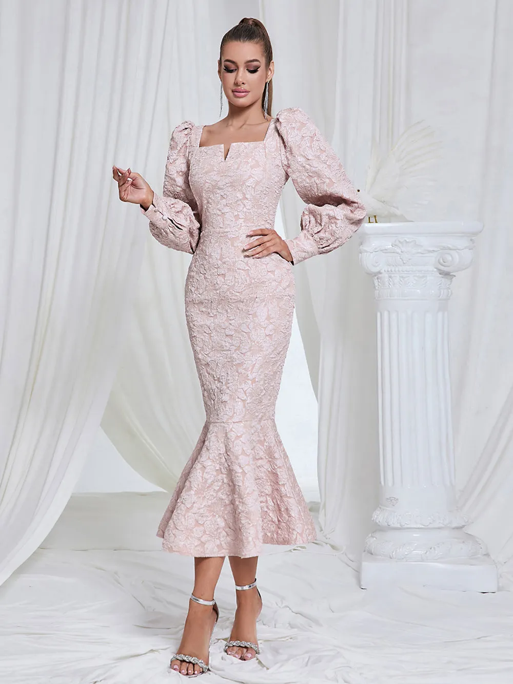 Square Collar Long Sleeve Fishtail Midi Bodycon Dress HB101470