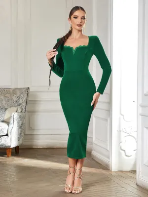 Square Collar Long Sleeve Plain Midi Bodycon Dress HB0358