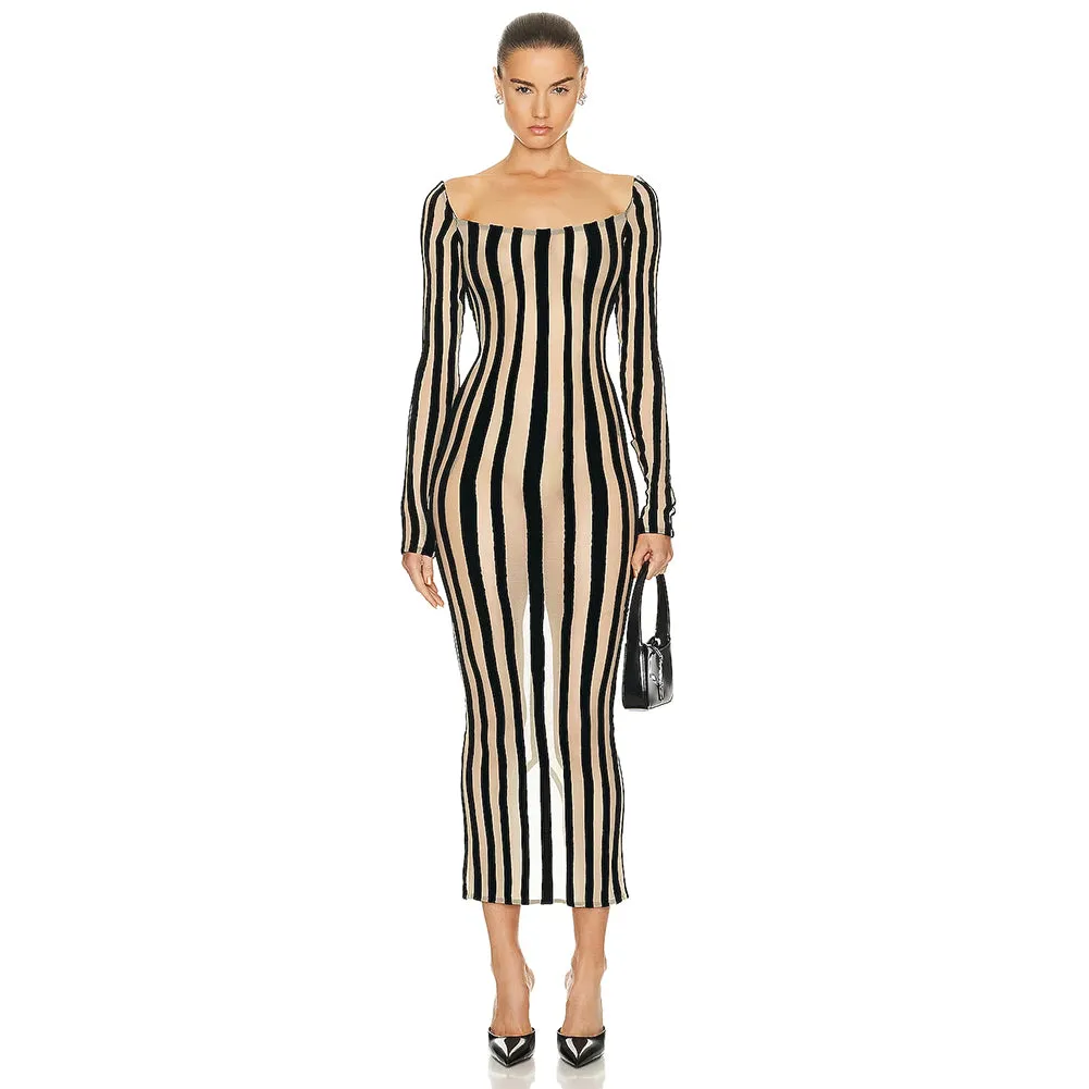 Square Collar Long Sleeve Striped Midi Bodycon Dress HL9441
