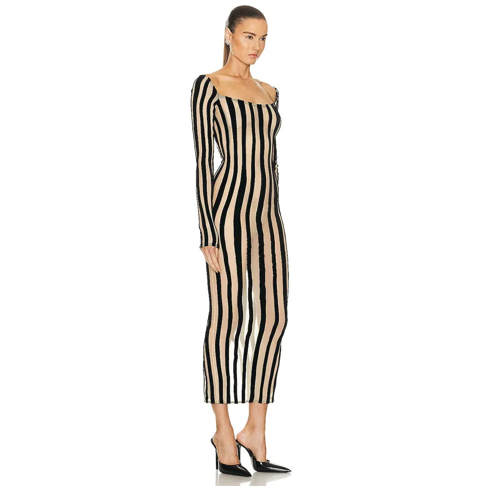 Square Collar Long Sleeve Striped Midi Bodycon Dress HL9441