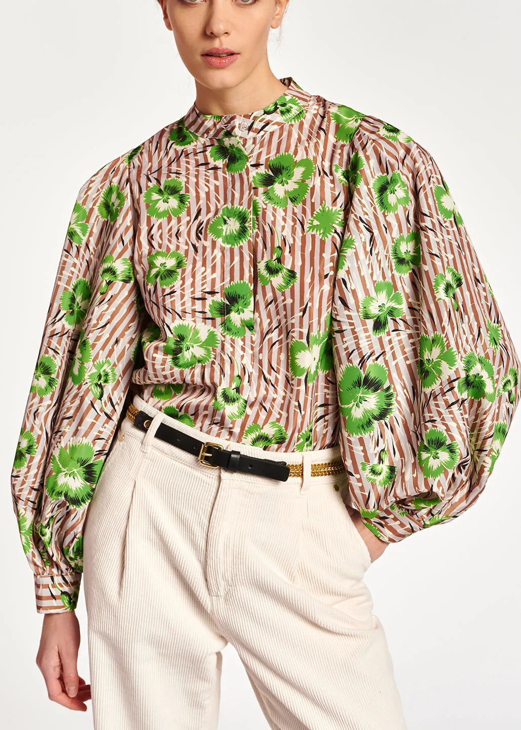 Stripe and red floral print puffed-sleeve top