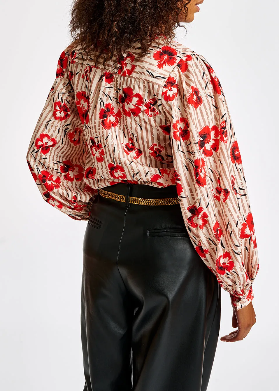 Stripe and red floral print puffed-sleeve top
