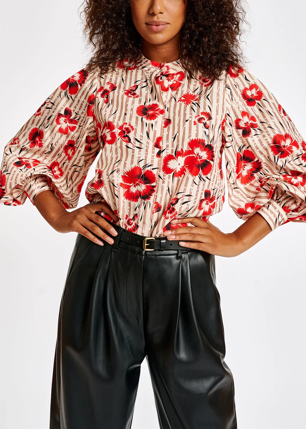 Stripe and red floral print puffed-sleeve top