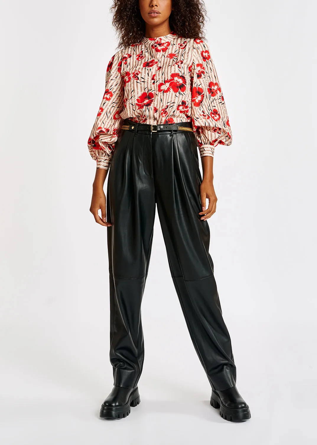 Stripe and red floral print puffed-sleeve top