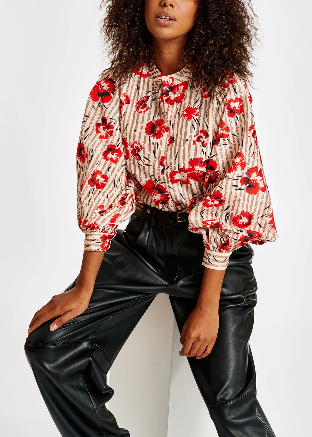 Stripe and red floral print puffed-sleeve top