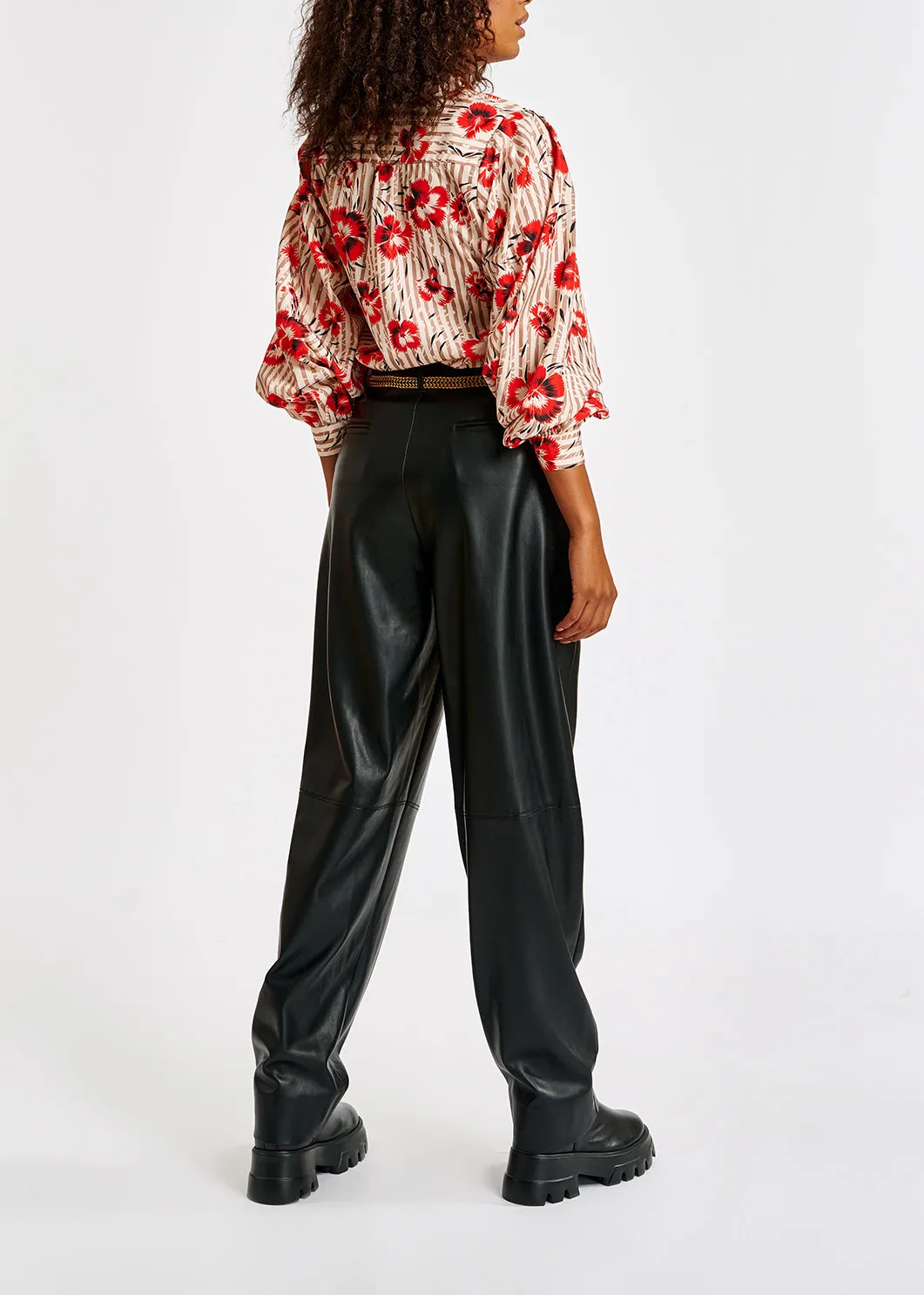 Stripe and red floral print puffed-sleeve top