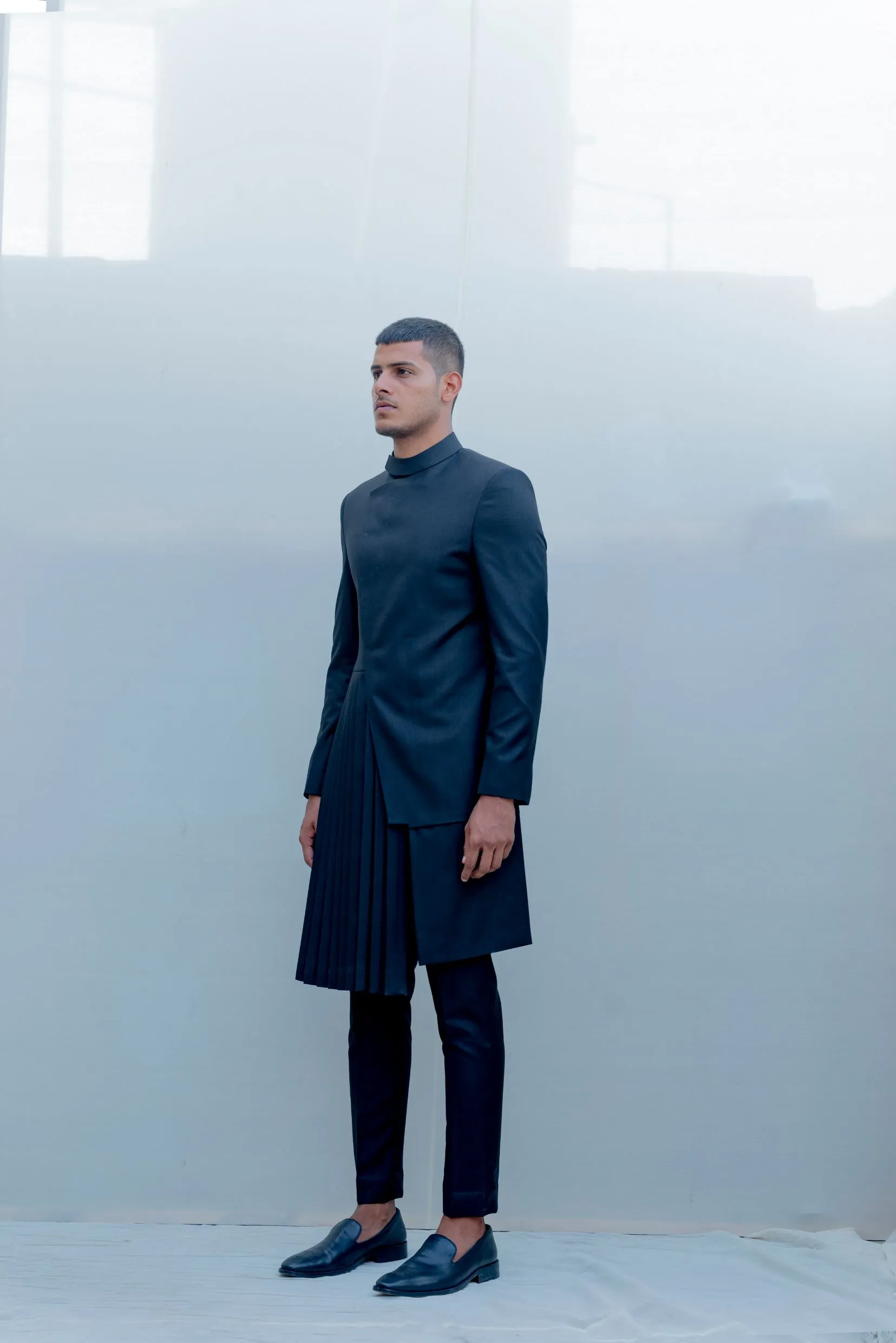 Stygian - Black Indo Western Pleated Achkan Jacket Set