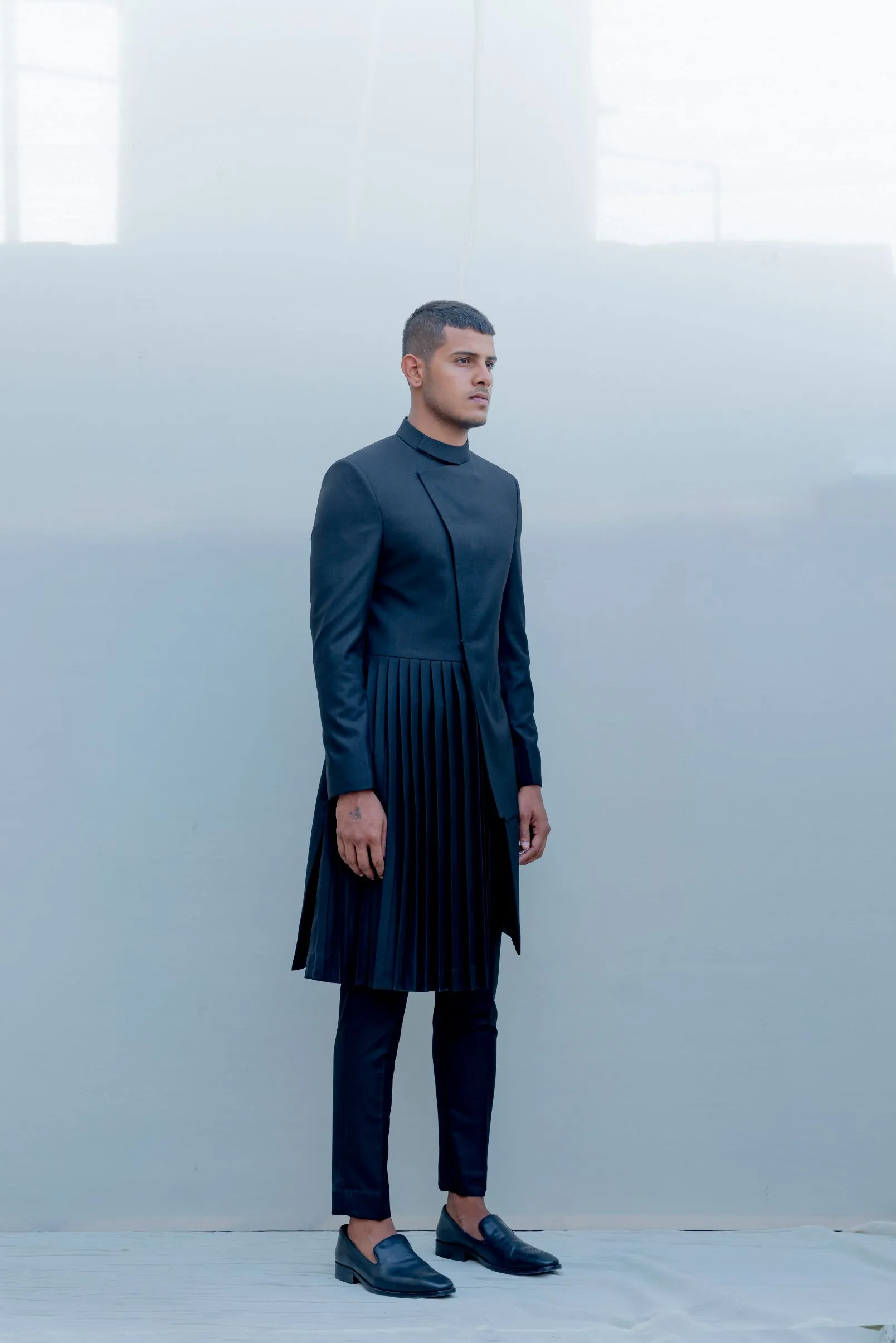 Stygian - Black Indo Western Pleated Achkan Jacket Set