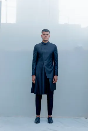 Stygian - Black Indo Western Pleated Achkan Jacket Set