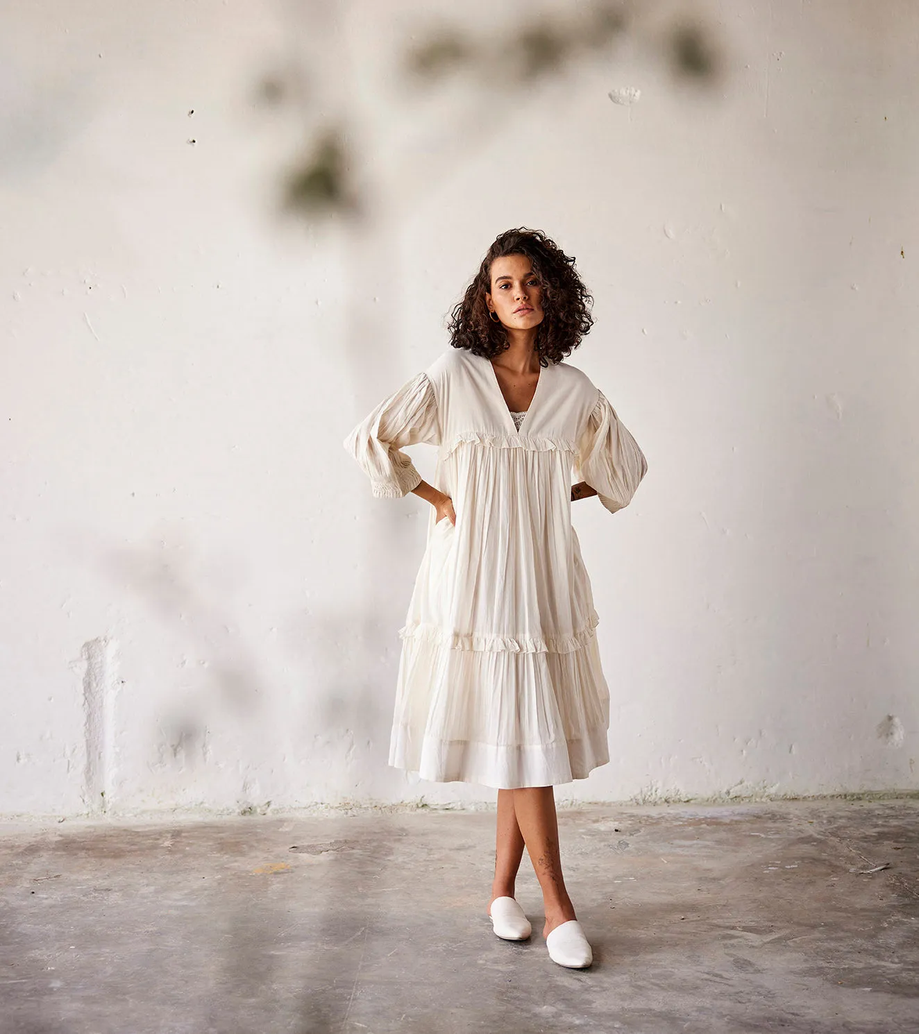 Summer Dress Cotton Ruffle-Off White-Fashion Edit Indian Summer-KW791-Khara Kapas