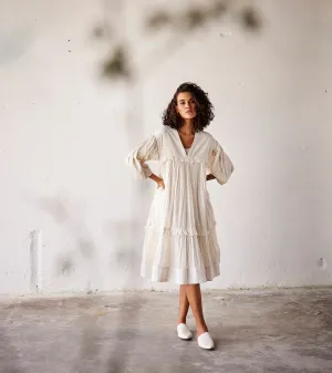 Summer Dress Cotton Ruffle-Off White-Fashion Edit Indian Summer-KW791-Khara Kapas