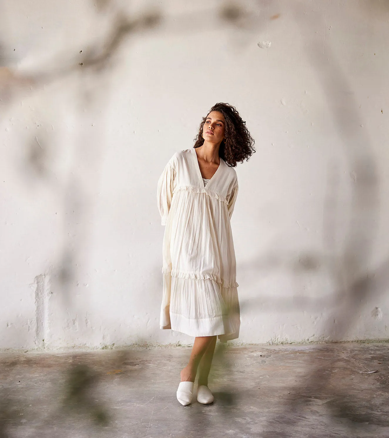 Summer Dress Cotton Ruffle-Off White-Fashion Edit Indian Summer-KW791-Khara Kapas