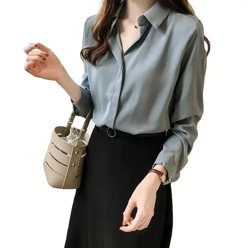 Summer Elegant Ladies Chiffon Tops Solid Color Long Sleeved Simple Ladies Chiffon Tops and Blouses