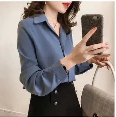 Summer Elegant Ladies Chiffon Tops Solid Color Long Sleeved Simple Ladies Chiffon Tops and Blouses