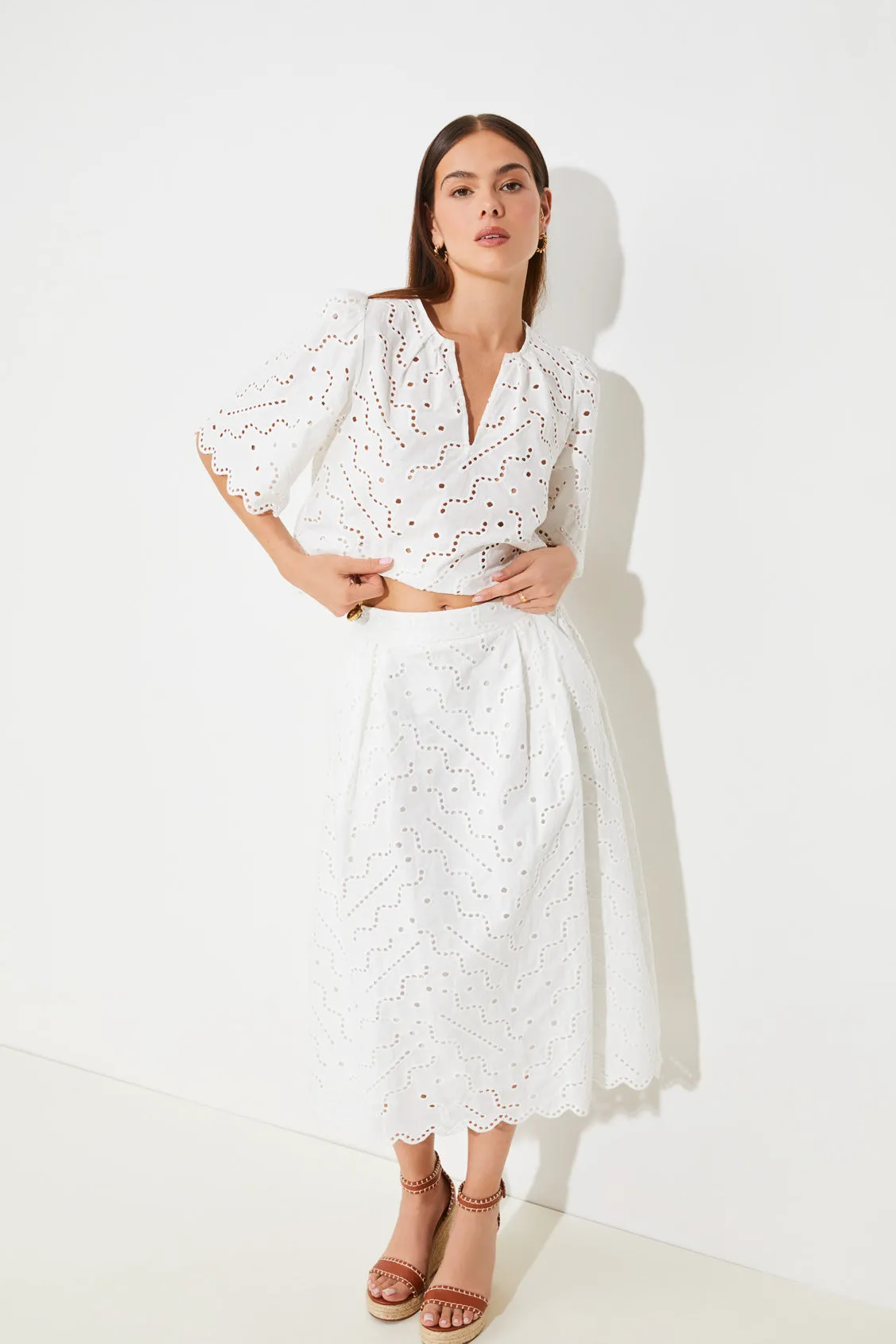Suncoo Flavie White Broderie Lace Midi Skirt
