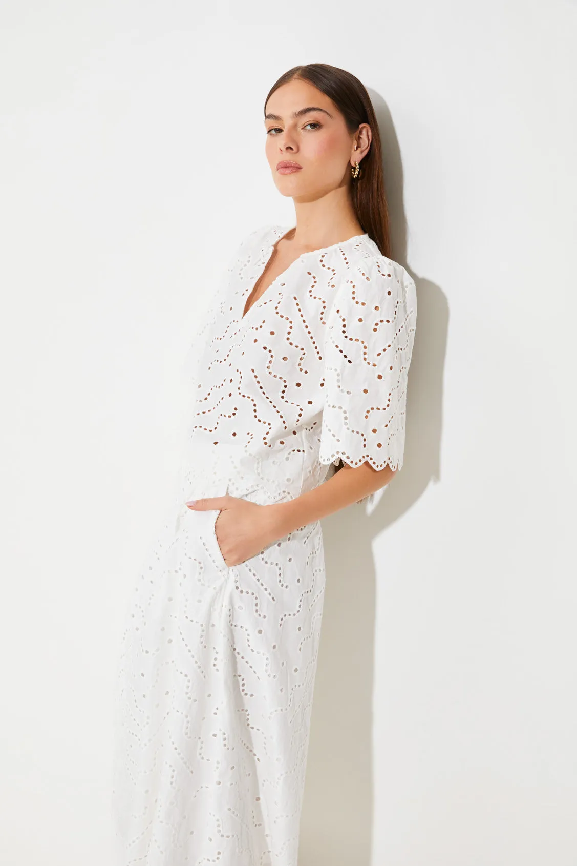 Suncoo Flavie White Broderie Lace Midi Skirt