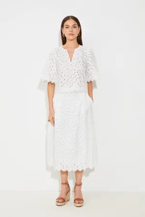 Suncoo Flavie White Broderie Lace Midi Skirt