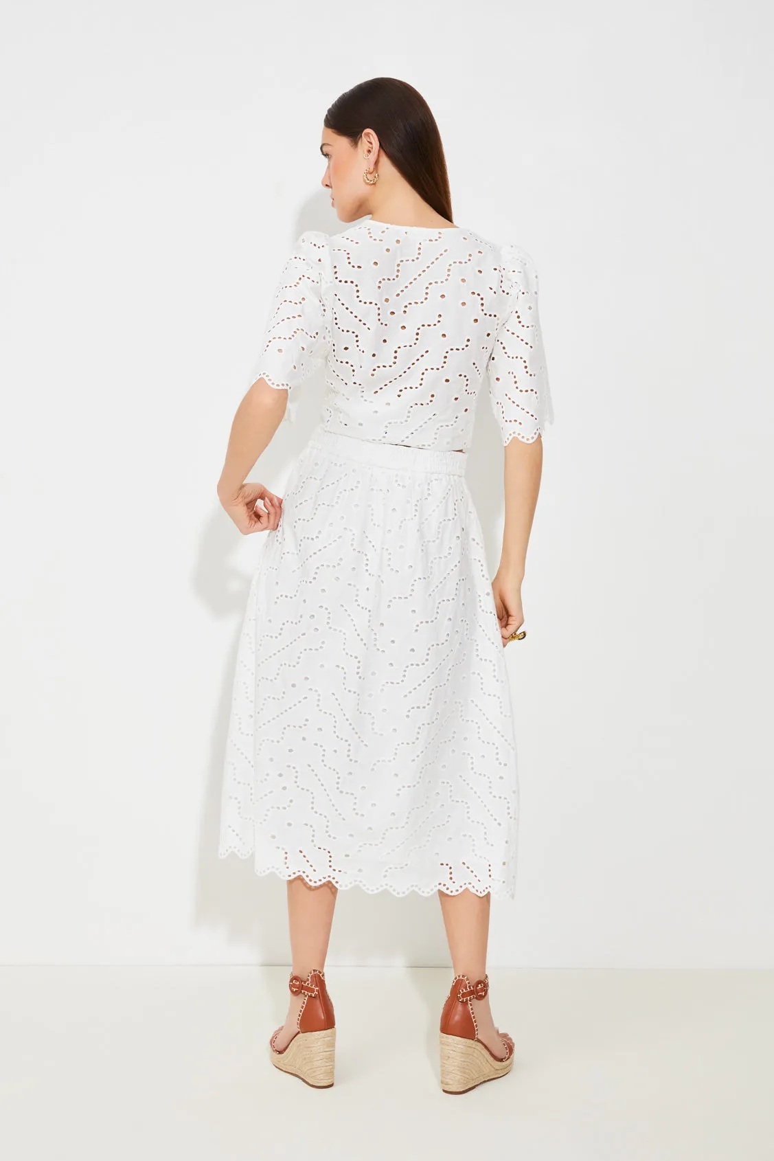 Suncoo Flavie White Broderie Lace Midi Skirt
