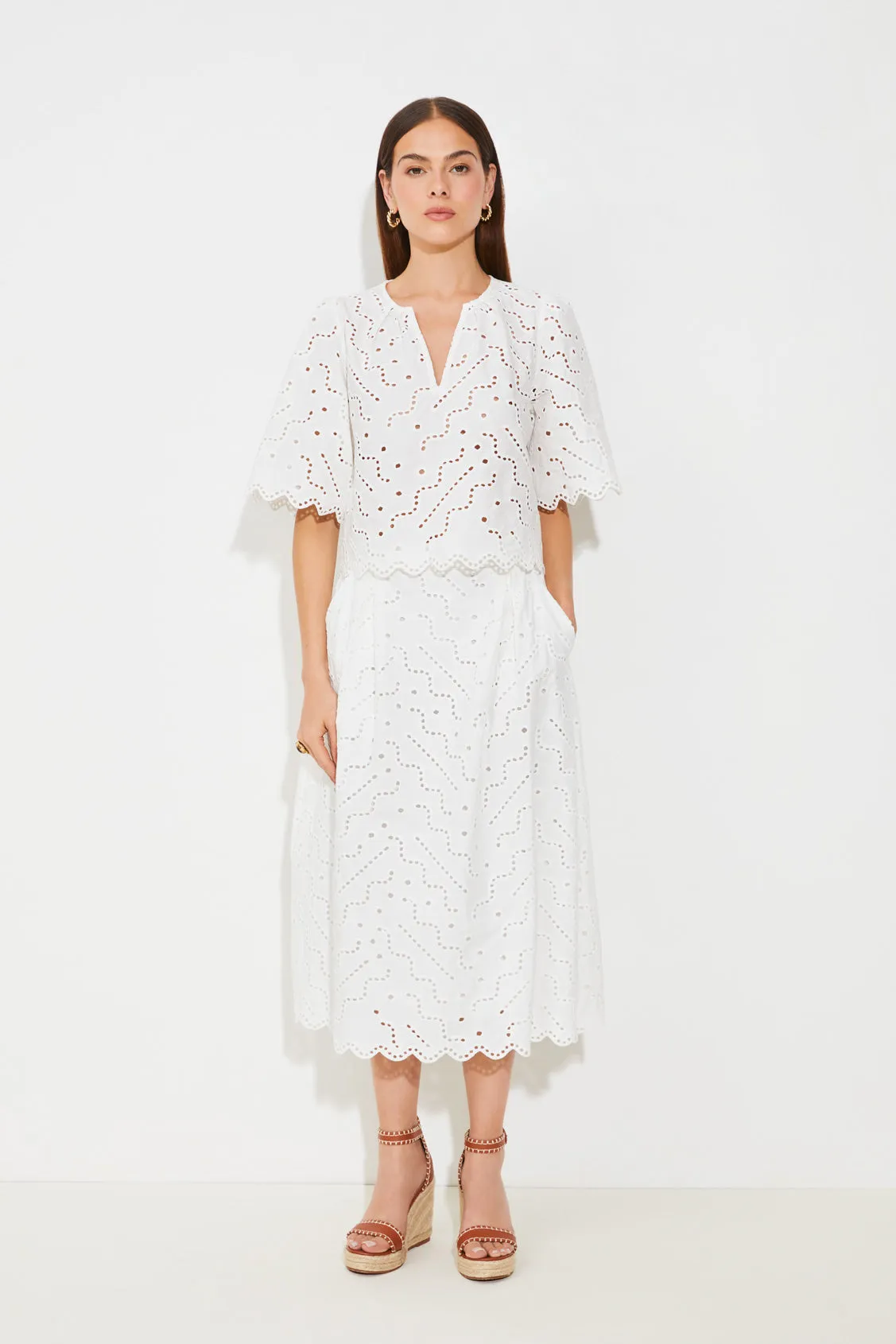 Suncoo Flavie White Broderie Lace Midi Skirt