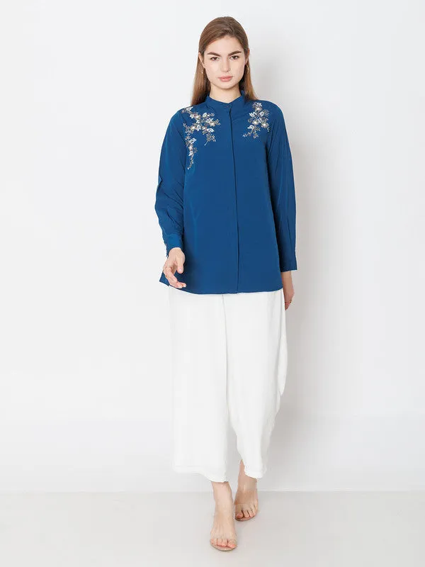 Teal Embroidered Regular Fit Top