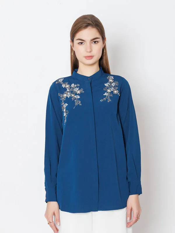 Teal Embroidered Regular Fit Top