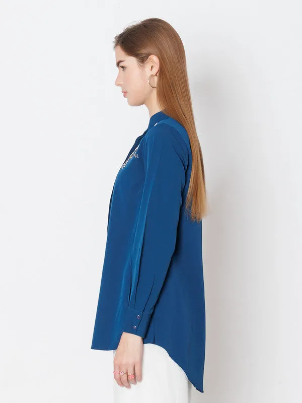 Teal Embroidered Regular Fit Top