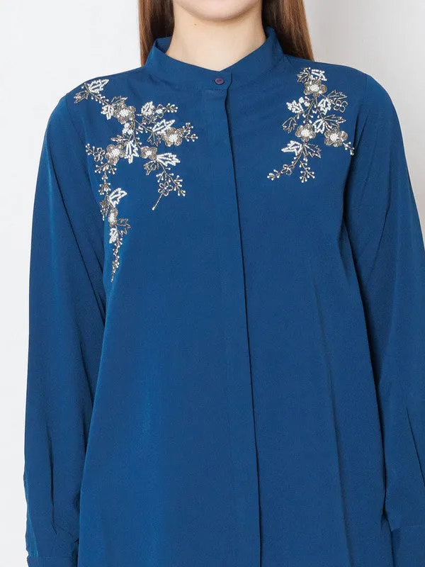 Teal Embroidered Regular Fit Top
