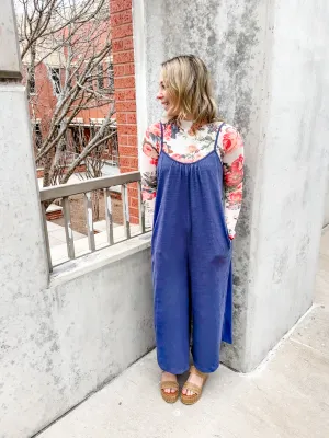 Textured Flared Jumpsuit Worn Blue