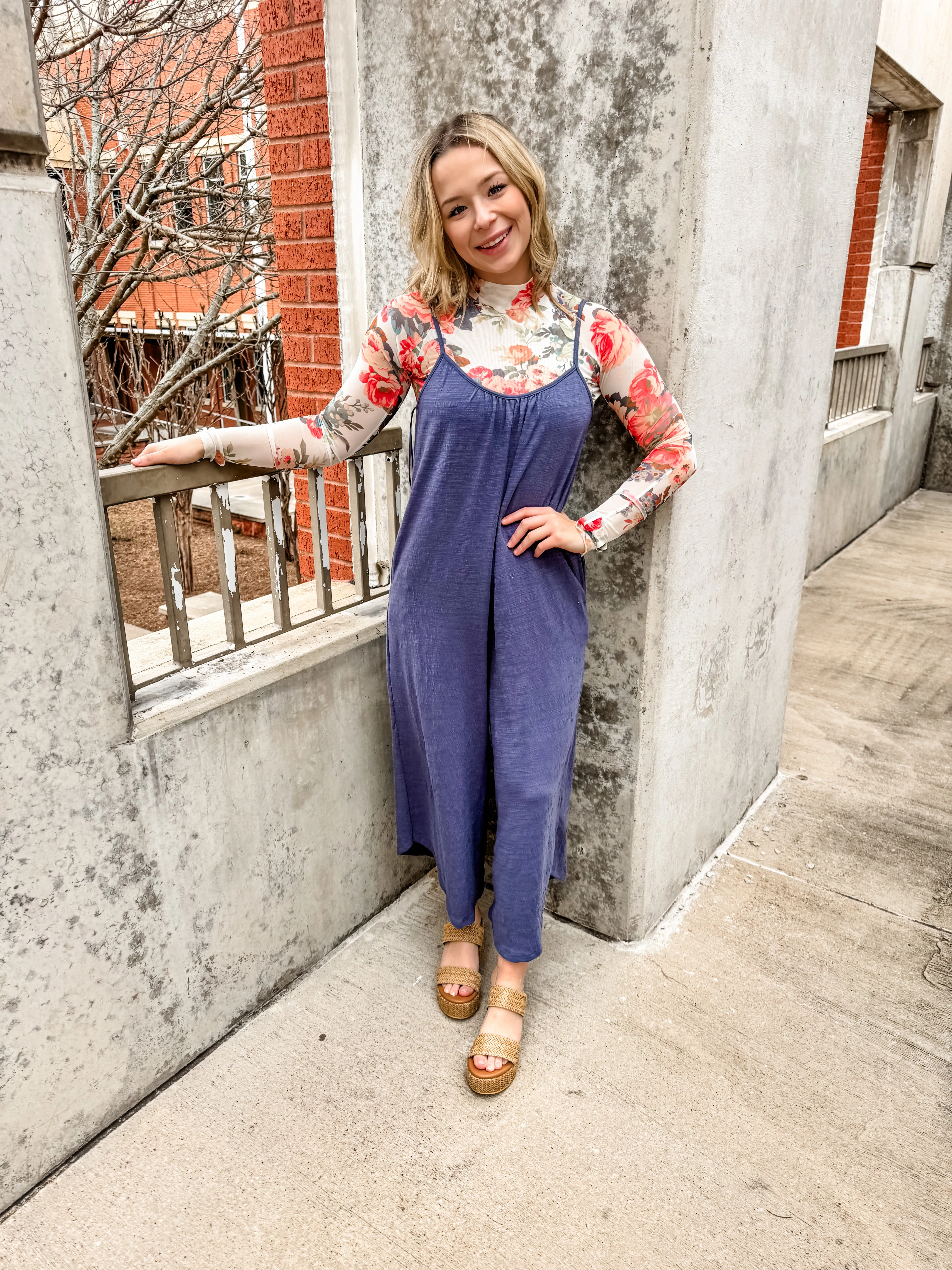 Textured Flared Jumpsuit Worn Blue
