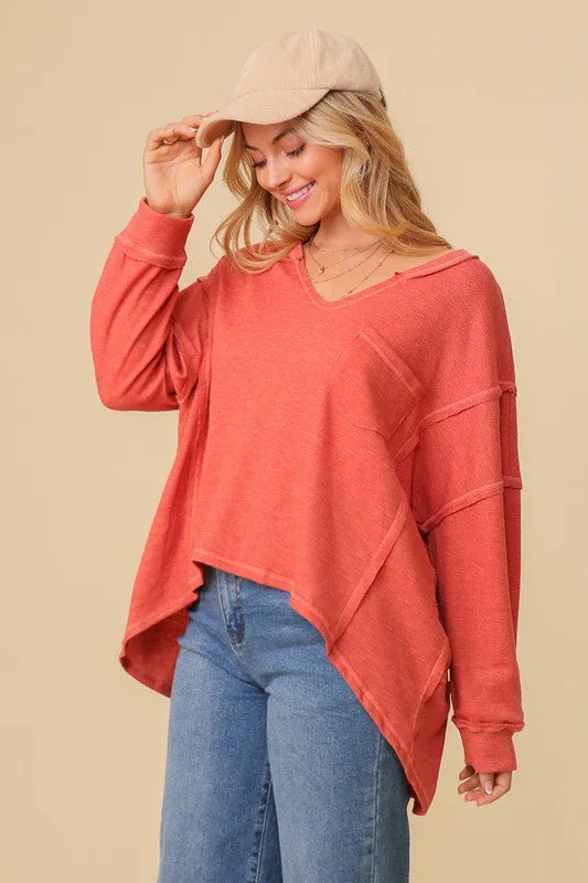 Thermal High Low V-Neck Oversized Top (Various Colors), Timing