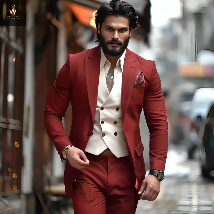 Three-Piece Red Men's Wedding Suit - Custom Bespoke Suit for Men, Elegant Red Formal Suit