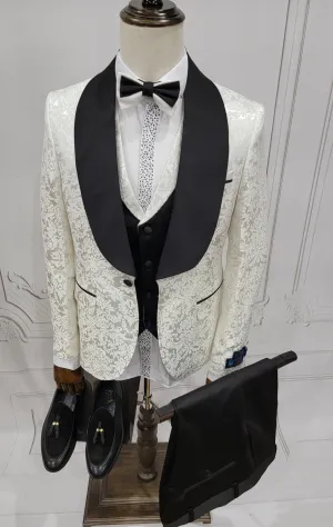 Three Pieces Tuxedo Suit with Contrasting Black Satin Lapel, matching bow tie and Black Pants.