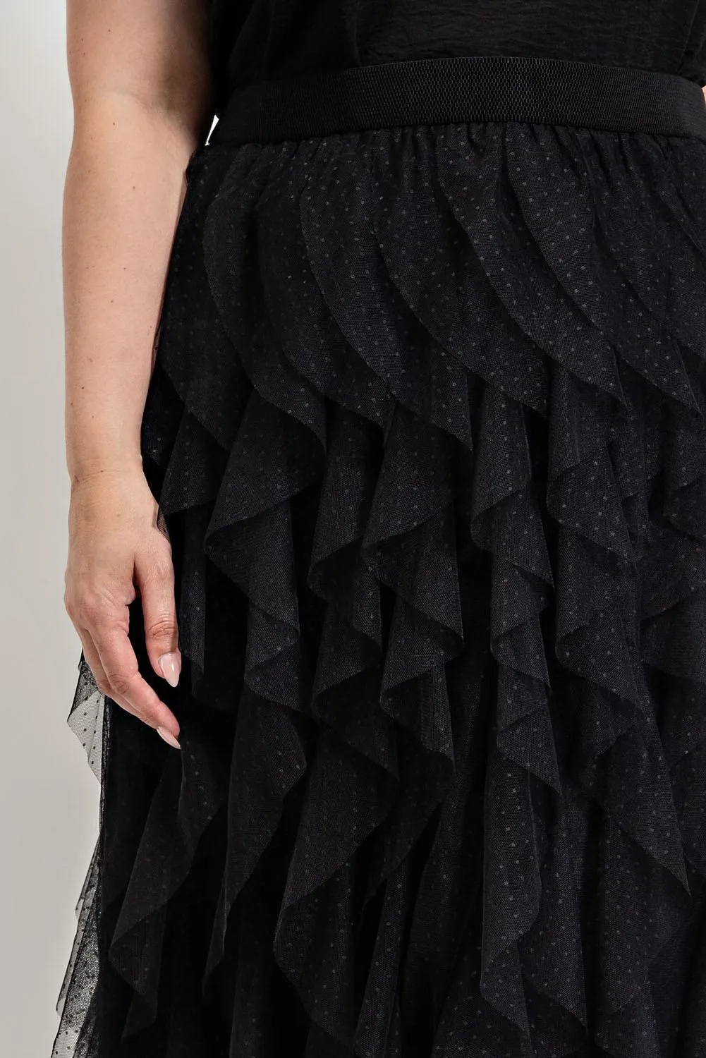 Tulle Ruffled Layered Midi Skirt - Black