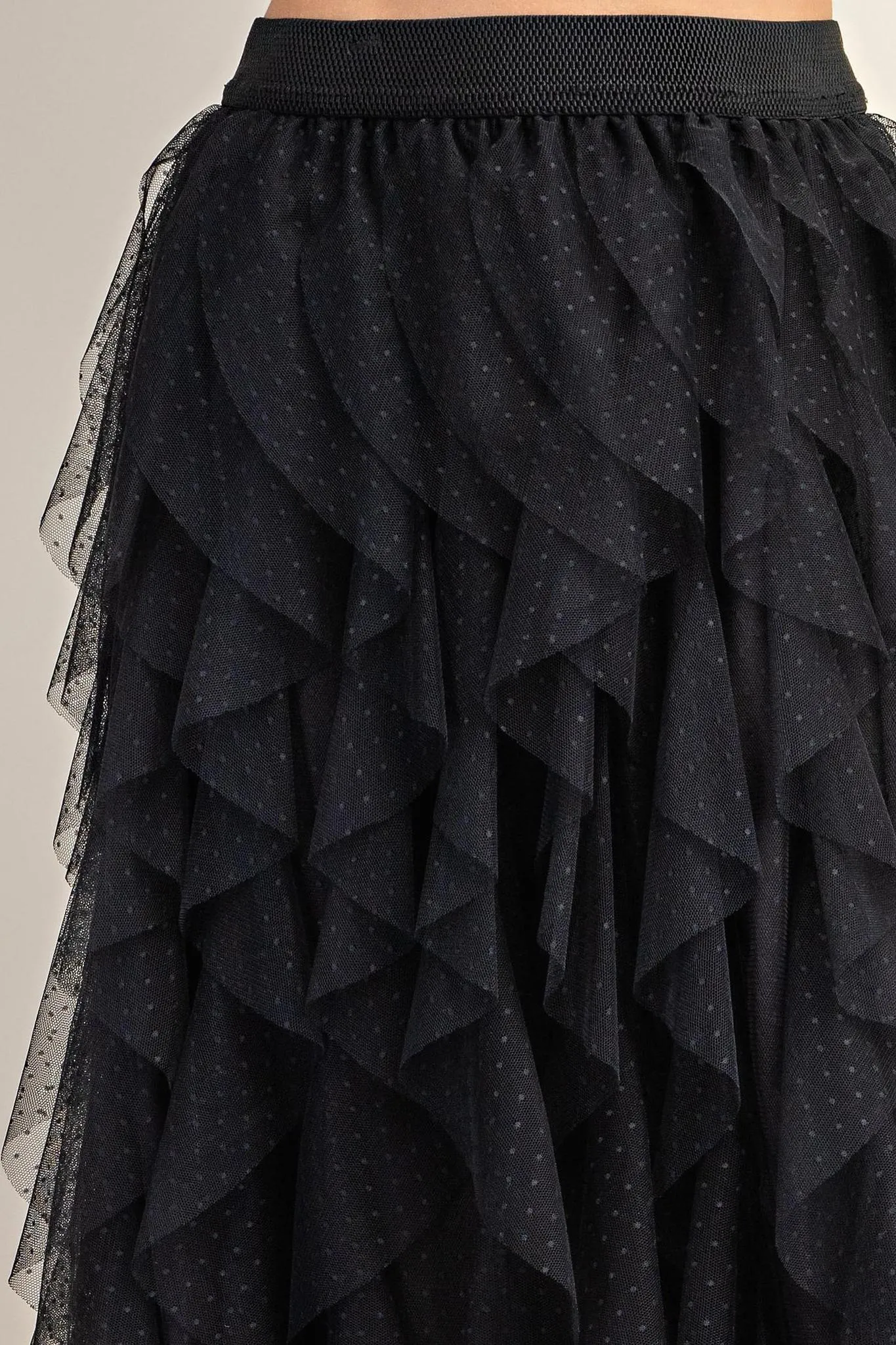 Tulle Ruffled Layered Midi Skirt - Black