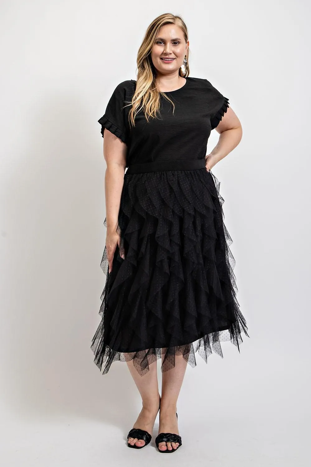 Tulle Ruffled Layered Midi Skirt - Black