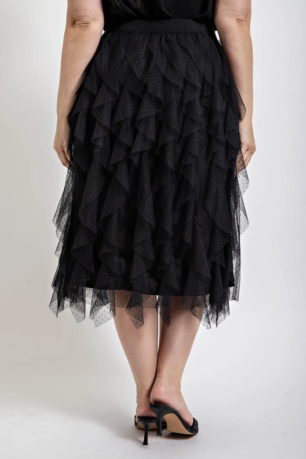 Tulle Ruffled Layered Midi Skirt - Black