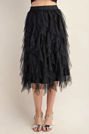 Tulle Ruffled Layered Midi Skirt - Black