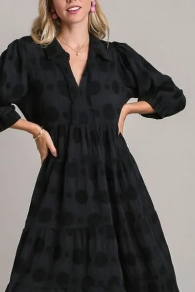 Umgee Full Size Solid Dotted Jacquard Midi Dress Plus Size