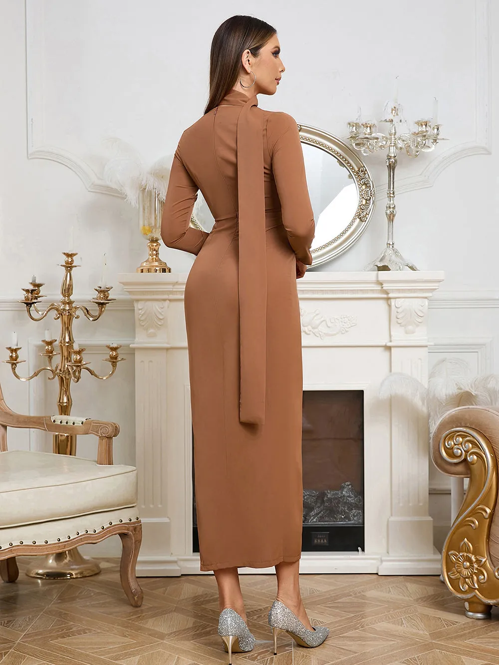 V Neck Long Sleeve Irregular Midi Bodycon Dress HB100052