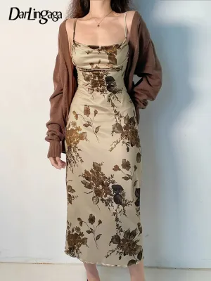 Vintage Fairycore Y2K Floral Print Midi Dress Backless Spaghetti Straps Chic Party Dress