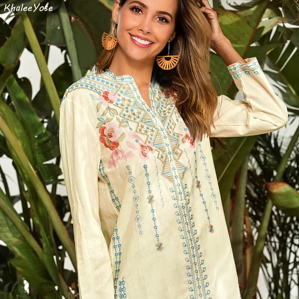 Vintage Floral Mexican Embroidery Blouse, Boho Hippy Autumn Long Sleeve Top